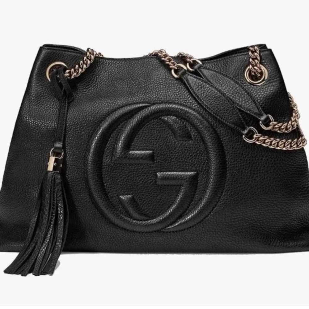 Gucci Black Leather Shoulder Bag with Gold Accents